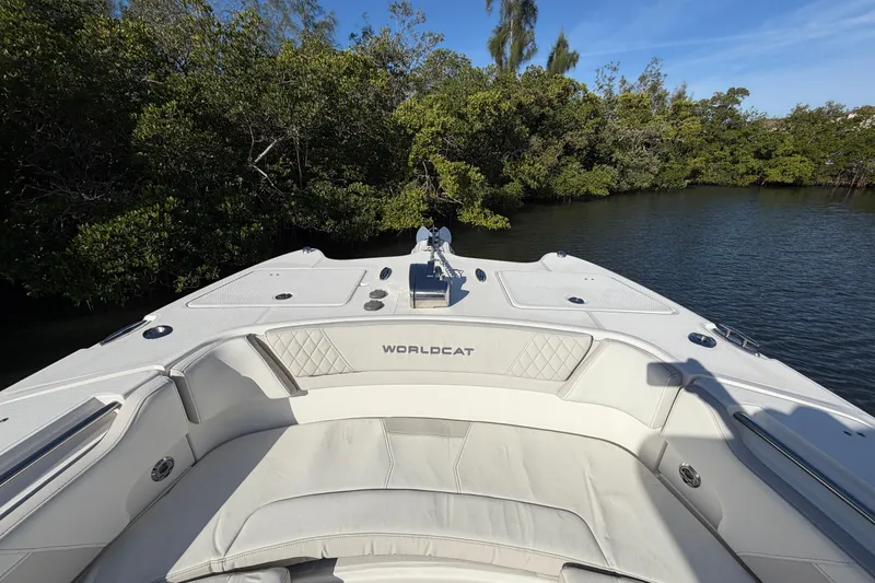 Slide: The Image of 2025 World Cat 295 CC boat interior with lush greenery and calm water backdrop. - 19