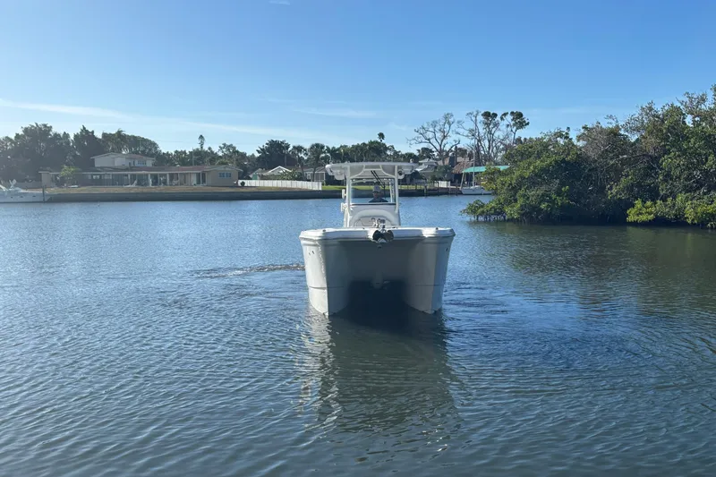 Slide: The Image of 2025 World Cat 295 CC boat cruising on a calm river near residential area. - 3