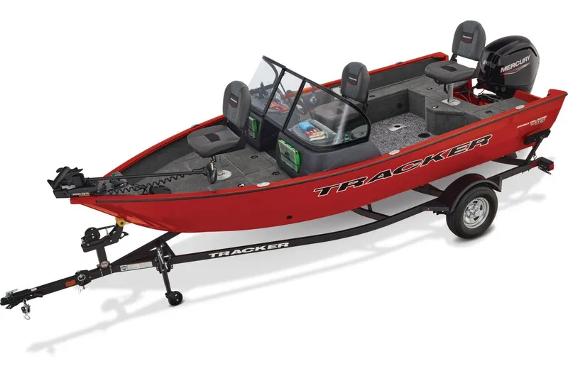 The Image of 2026 Tracker Pro Guide V-16 WT boat in a garage, on a trailer. - 0