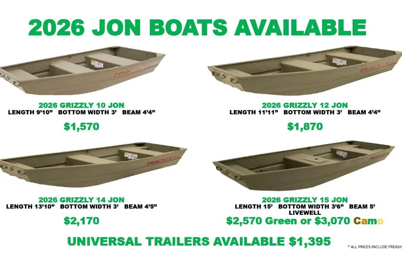 The Image of 2026 Tracker Grizzly Jon boats lineup with prices and specifications displayed. - 0
