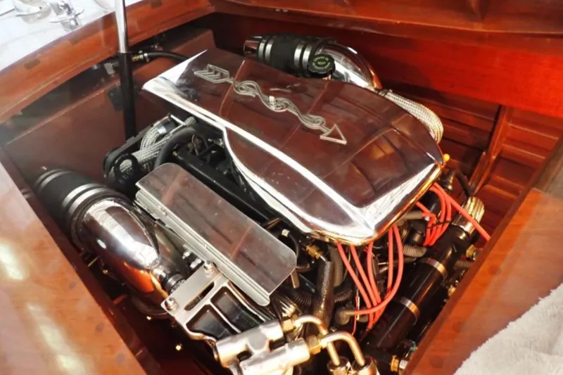Slide: The Image of Engine of 2004 Mays Craft 25 Gentlemans Racer with polished components and red wiring. - 12