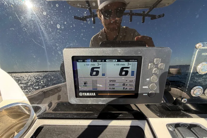 Slide: The Image of Yamaha display on 2021 Sea Fox 288 Commander boat, showing engine and fuel data. - 23