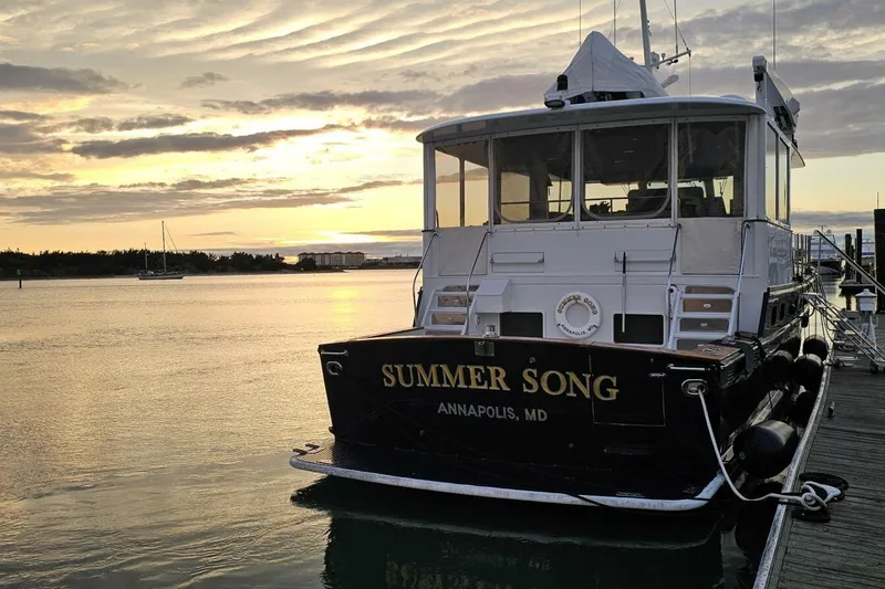 Slide: The Image of Derecktor 68 Hunt Motor Yacht "Summer Song" docked at sunset, Annapolis, MD, 1969 model. - 4