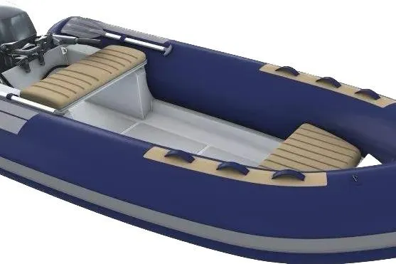 Slide: The Image of 2024 Flexboat F-12 inflatable boat with blue exterior and tan seating. - 7