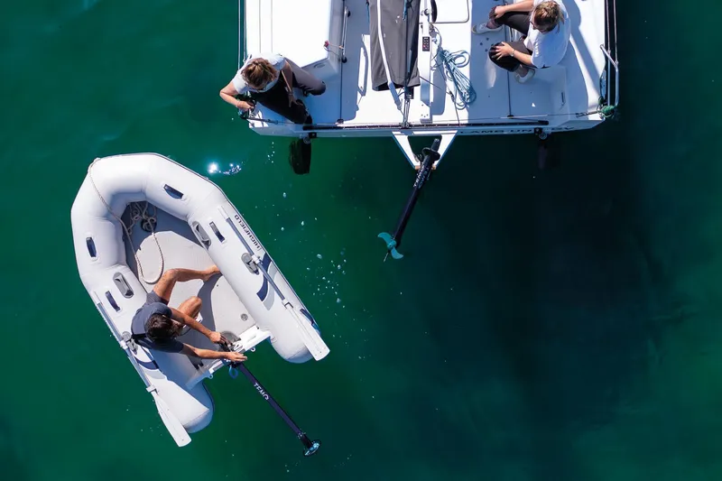 Slide: The Image of Aerial view of Highfield Roll-Up 200 KAL inflatable boat on water. - 2