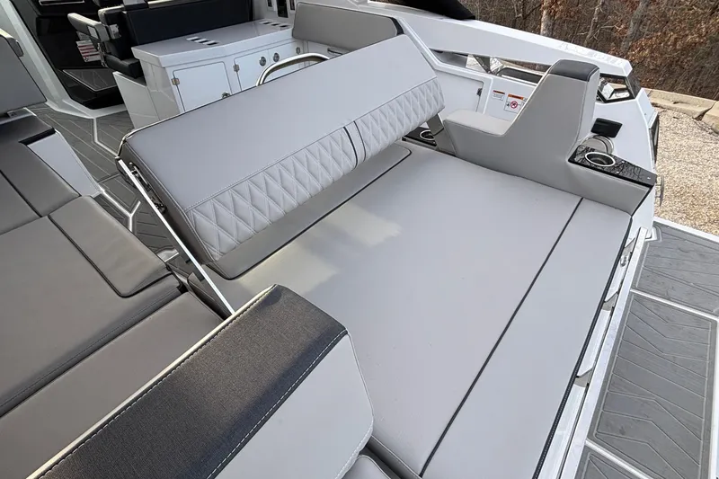 Slide: The Image of 2026 Monterey 385 Super Express boat interior with luxurious seating and modern design. - 44