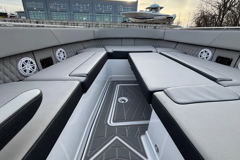 Slide: The Image of Luxurious interior of 2026 Monterey 385 Super Express boat with sleek seating and modern design. - 74