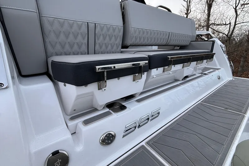 Slide: The Image of 2026 Monterey 385 Super Express boat seating with sleek design and modern upholstery. - 48