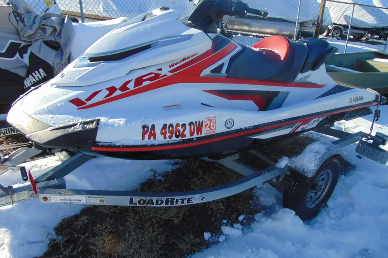 Slide: The Image of 2016 Yamaha WaveRunner VXR on trailer, snow-covered, with red and white design. - 3