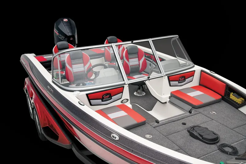 Slide: The Image of 2026 Ranger 1850MS boat interior with red and gray seating, parked outdoors. - 17