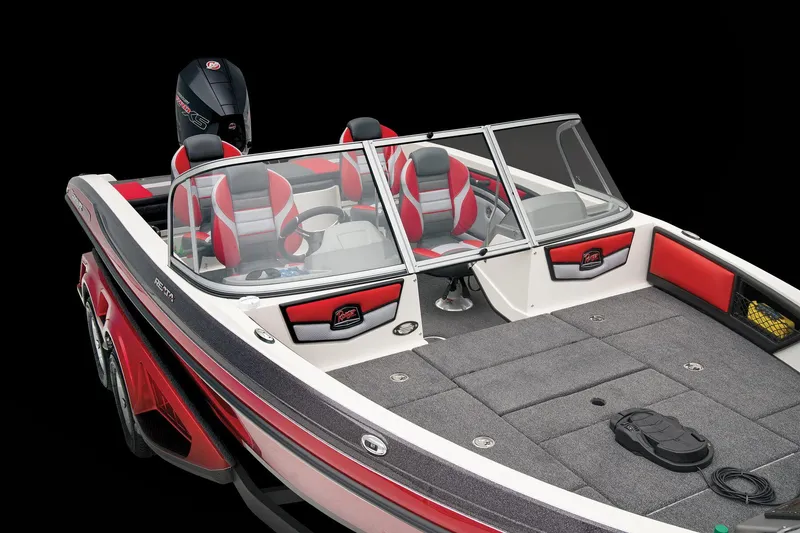 Slide: The Image of 2026 Ranger 1850MS boat interior with red and black seating, steering wheel, and dashboard. - 18