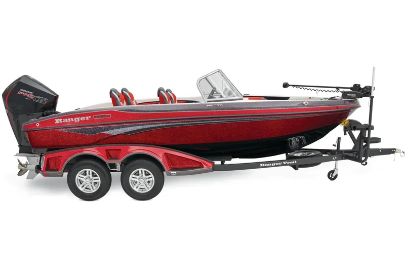 Slide: The Image of 2026 Ranger 1850MS boat interior with red and black seats, steering wheel, and storage compartments. - 9