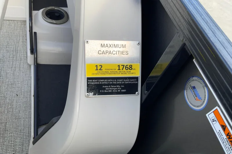 Slide: The Image of 2021 Avalon LSZ Quad Lounger capacity plate, 12 persons, 1768 lbs maximum. - 29