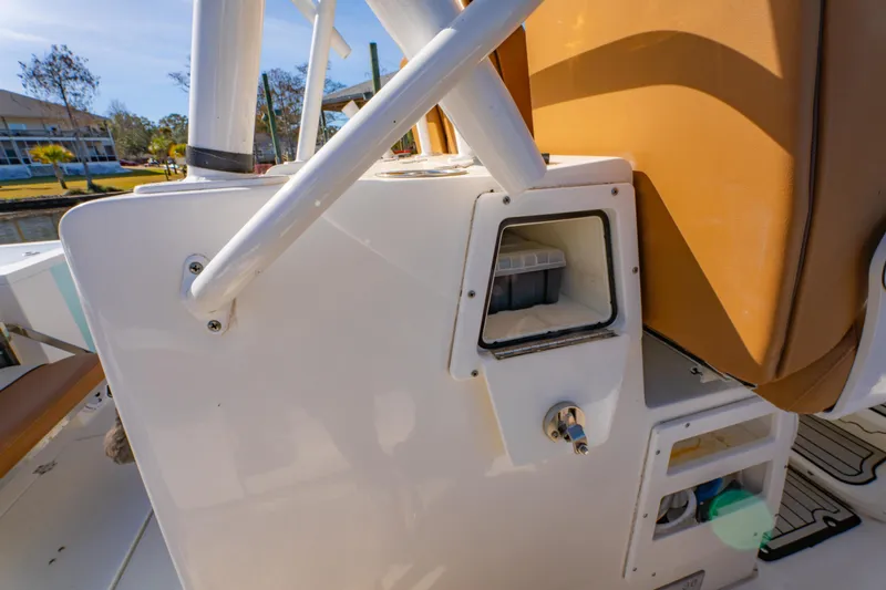Slide: The Image of 2019 Sea Fox 328 Commander boat interior with storage compartment and seating. - 46
