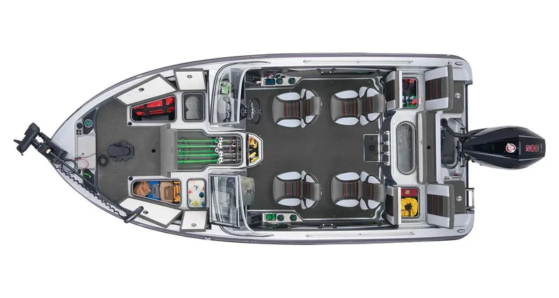 Slide: The Image of 2026 Ranger 1880MS boat interior with seating and steering wheel, parked outdoors. - 9