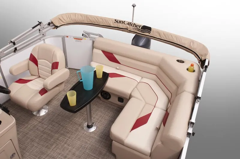 Slide: The Image of Manufacturer Provided Image: 2022 SunCatcher Select 16C pontoon boat interior with beige and red seating. - 11