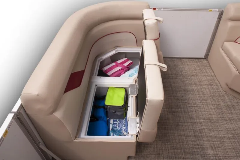 Slide: The Image of Manufacturer Provided Image: 2022 SunCatcher Select 16C boat storage compartment with seating and various items. - 12