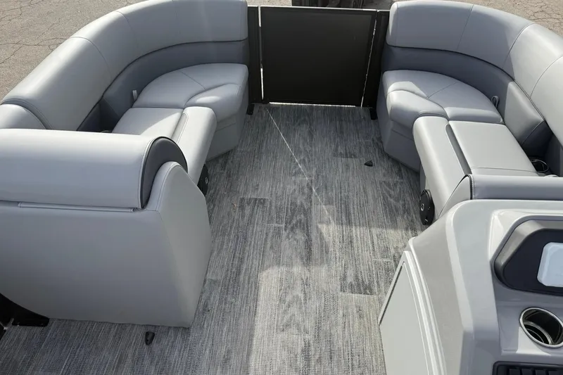 Slide: The Image of 2026 Bentley Pontoons Bolt 223 interior with gray seating and modern design. - 5
