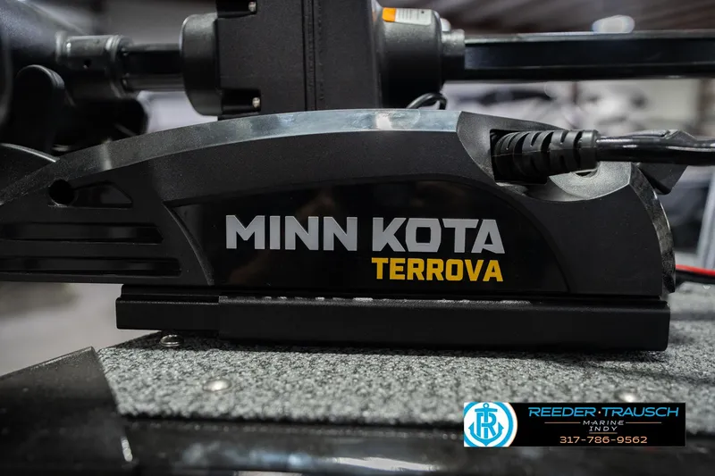 Slide: The Image of Minn Kota Terrova motor on 2026 Lund 1700 Explorer SS boat, Reeder-Trausch Marine logo visible. - 51