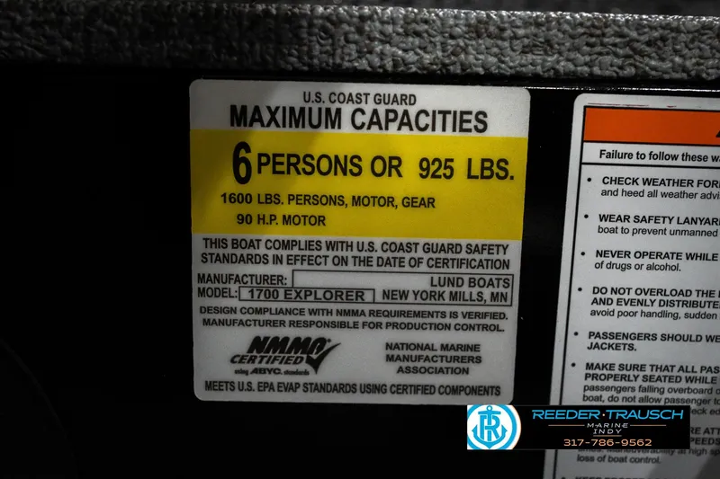 Slide: The Image of Capacity label for 2026 Lund 1700 Explorer SS, 6 persons or 925 lbs, 90 HP motor. - 62