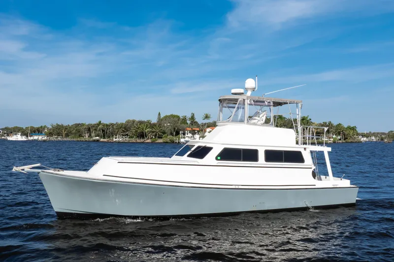 Slide: The Image of 2014 Chesapeake 46 Trawler cruising on a sunny day with palm trees in the background. - 4