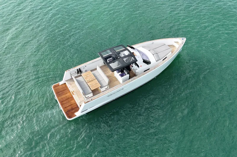 Slide: The Image of Aerial view of 2013 Fjord 40' Open yacht on turquoise water. - 69
