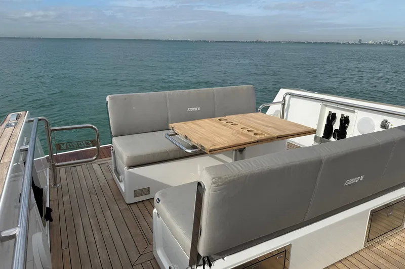 Slide: The Image of Luxurious 2013 Fjord 40' Open yacht with spacious deck seating and ocean view. - 87