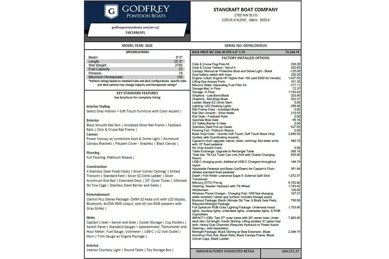 Slide: The Image of 2026 Godfrey Sweetwater 2486 SFL pontoon boat specifications and features sheet. - 11