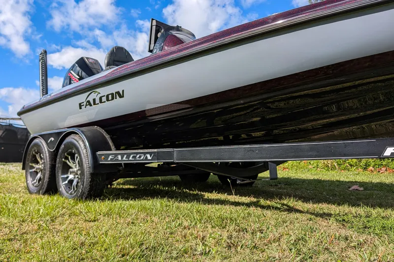 Slide: The Image of 2023 Falcon F195 boat on grass, featuring dual seats and modern equipment. - 2