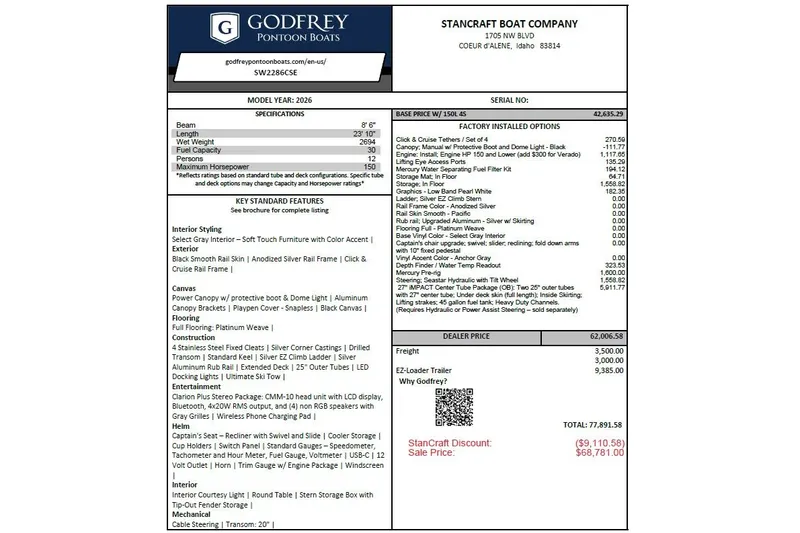 Slide: The Image of Invoice for 2026 Godfrey SWEETWATER 2286 CSE pontoon boat with specifications and pricing details. - 11