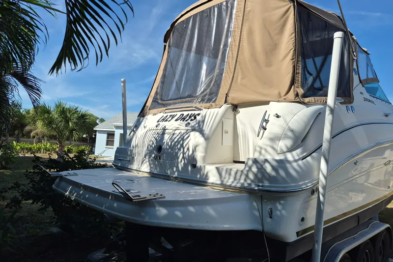 Slide: The Image of 2001 Sea Ray Sundancer 280 boat with canopy, parked near palm trees. - 2