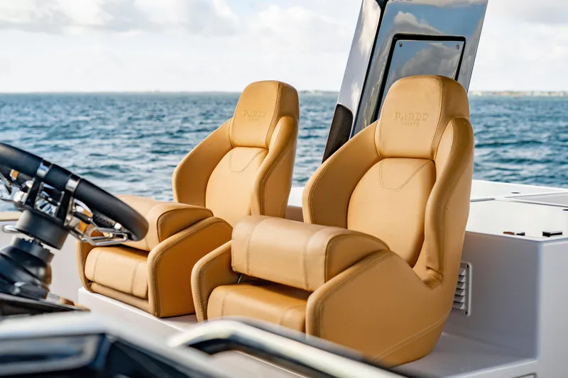Slide: The Image of Luxurious leather seats on 2023 Pardo Yachts 50, overlooking the ocean. - 18