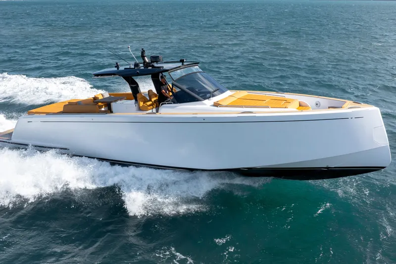 Slide: The Image of 2023 Pardo Yachts 50 cruising on open water, showcasing sleek design and luxury features. - 6