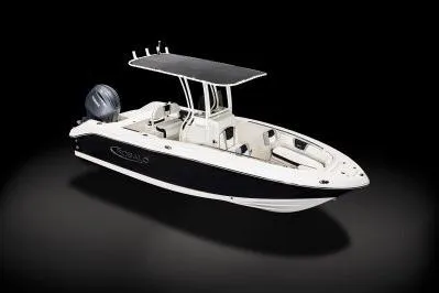 Slide: The Image of 2026 Robalo R200 Center Console boat with sleek design and T-top canopy. - 5