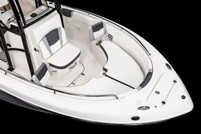Slide: The Image of 2026 Robalo R222 Center Console boat, sleek white design, spacious seating, modern features. - 6
