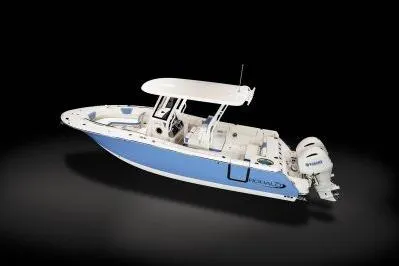 Slide: The Image of 2026 Robalo R270 Center Console boat with dual engines, sleek design, and spacious deck. - 3