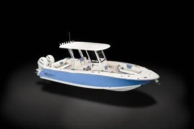 Slide: The Image of 2026 Robalo R270 Center Console boat with dual engines, sleek design, and spacious deck. - 4