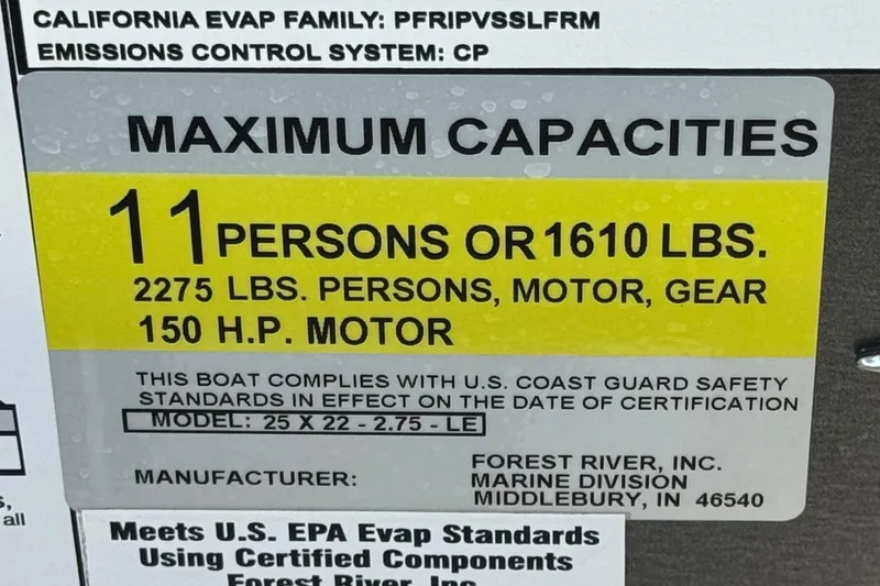 Slide: The Image of 2023 Berkshire 22RFX LE boat capacity label: 11 persons, 1610 lbs, 150 HP motor. - 27