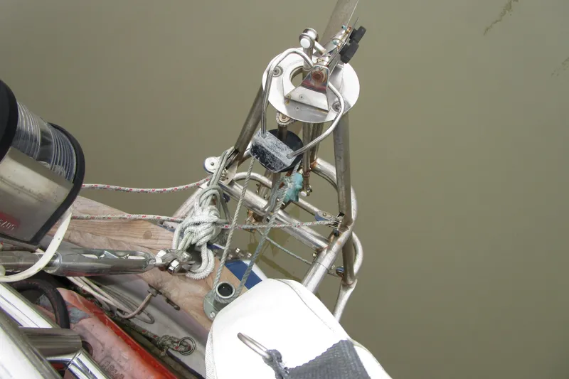 Slide: The Image of Deck view of a 1977 Valiant 40 sailboat with rigging and equipment. - 13