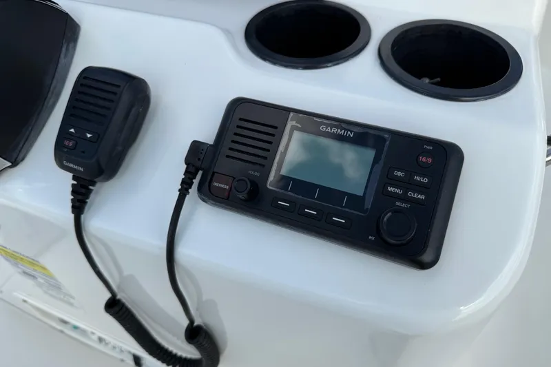 Slide: The Image of Garmin marine radio on 2017 Boston Whaler 210 Montauk boat console. - 20