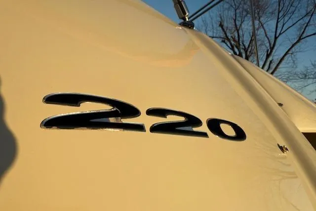 Slide: The Image of Close-up of 2005 Sea Ray 220 Sundeck boat emblem in sunlight. - 36