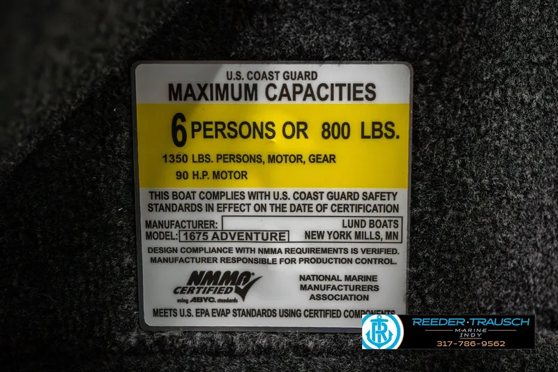 Slide: The Image of 2026 Lund 1675 Adventure SS capacity label, 6 persons or 800 lbs, 90 HP motor. - 56