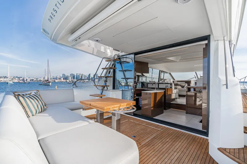 Slide: The Image of Luxurious 2023 Prestige 520 yacht with open deck, modern interior, and scenic waterfront view. - 36