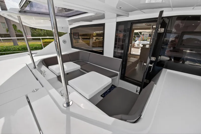Slide: The Image of 2016 Leopard 51 Powercat interior with modern seating and sleek design. - 58