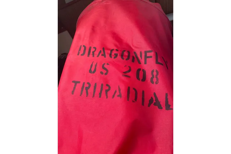 Slide: The Image of Red Dragonfly 800 Swing Wing 1992 sail with "US 208 Triradial" text. - 14