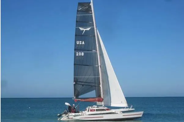 Slide: The Image of Sailboat on ocean, Dragonfly 800 Swing Wing, 1992 model, with black and white sails. - 83