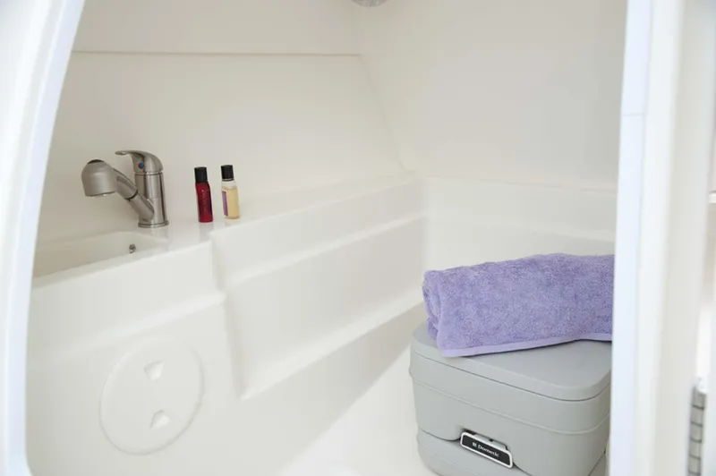 Slide: The Image of Manufacturer Provided Image: Interior of 2016 Boston Whaler 230 Vantage boat bathroom with sink and towel. - 19