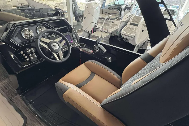 Slide: The Image of Luxurious Viaggio Z24B 2026 boat interior with modern steering and plush seating. - 13