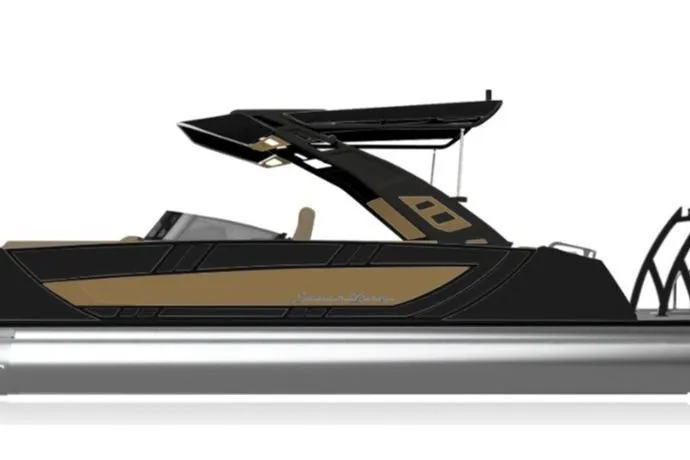 Slide: The Image of 2026 South Bay Sport RS9 DC pontoon boat, sleek black and gold design. - 9