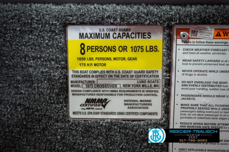 Slide: The Image of Capacity label for 2026 Lund 1875 Crossover XS, 8 persons or 1075 lbs, 175 HP motor. - 67